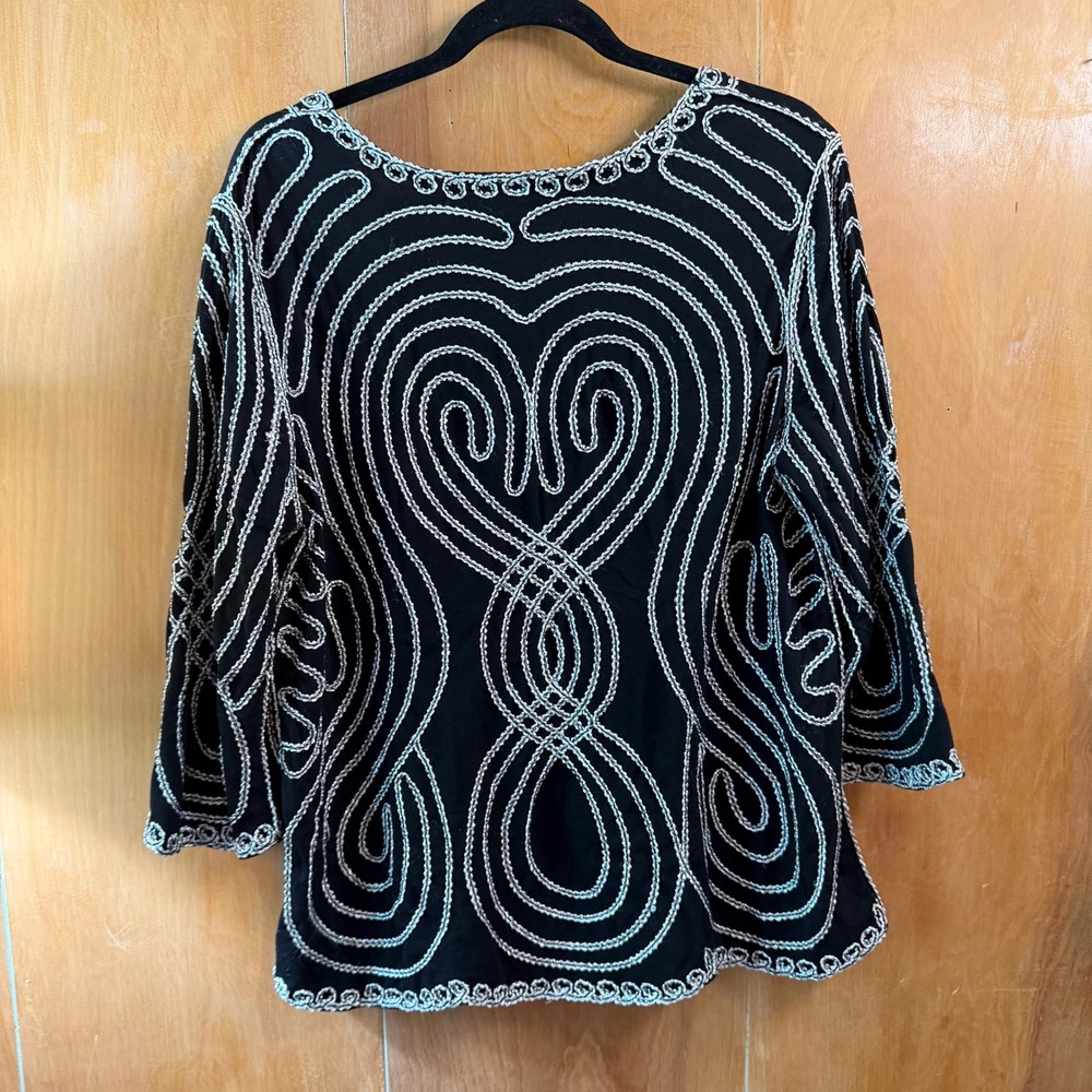 Once Again Plus Black Silver Soutache Embroidered 3/4 Sleeve Top Blouse 1X - Picture 4 of 6